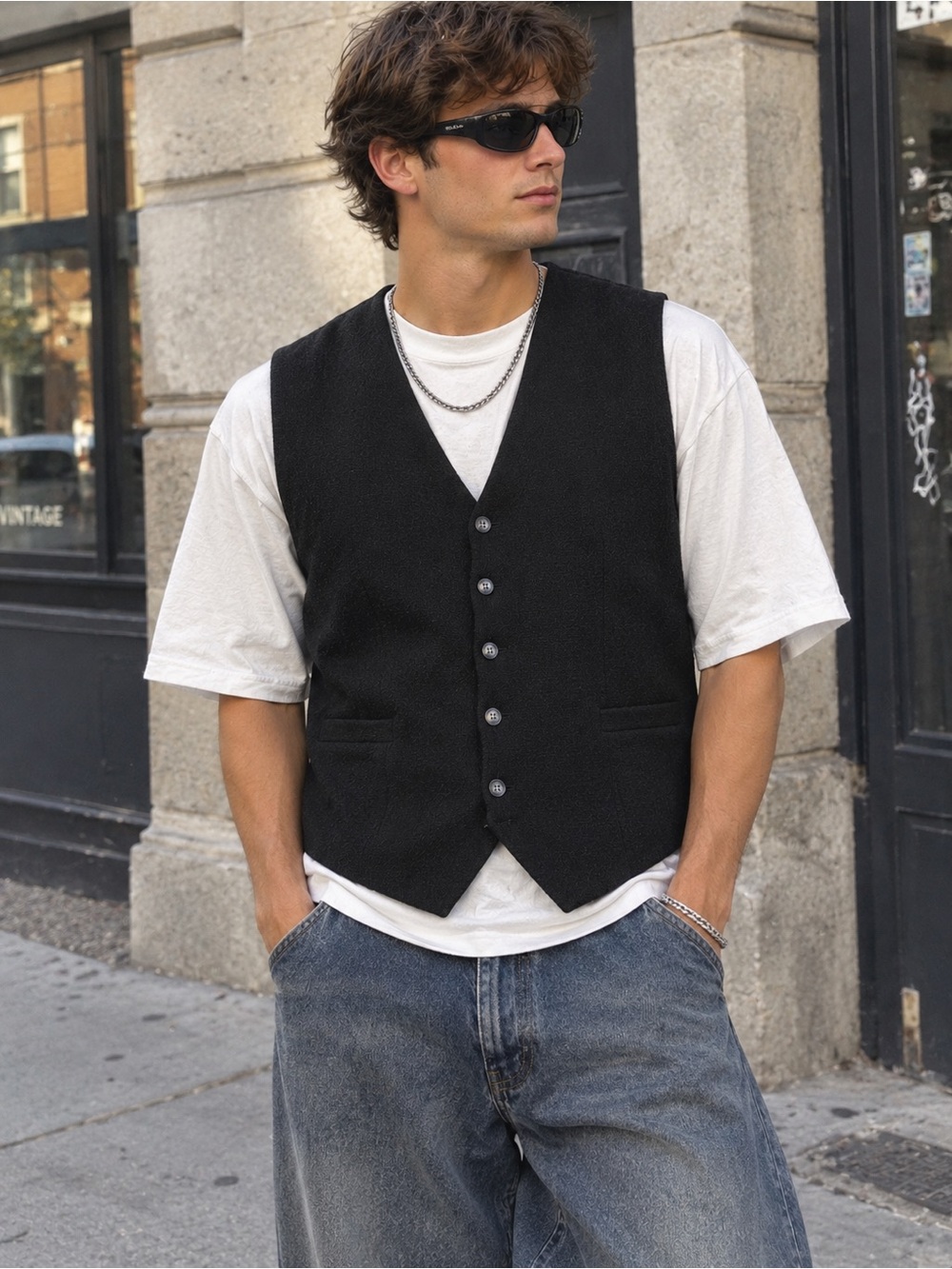 Scotch & sofa Men Black Button Front Vest in Cotton casual and classy size large